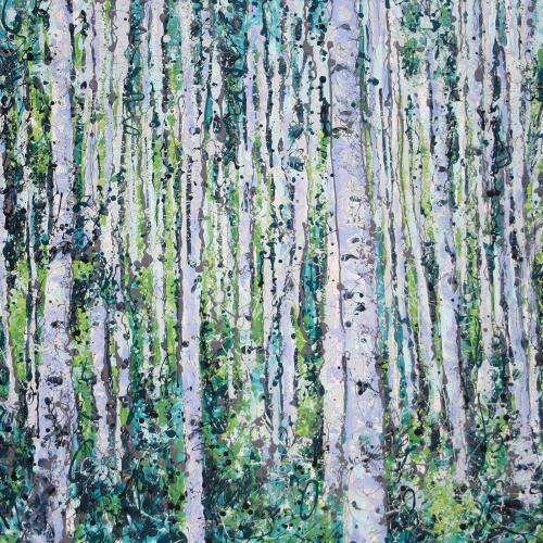 Representational imagery of aspen grove found in southern Colorado. Latex Enamel Painting on Gallery Wrapped Canvas by Fort Collins, Colorado Artist  Lisa Cameron Russell